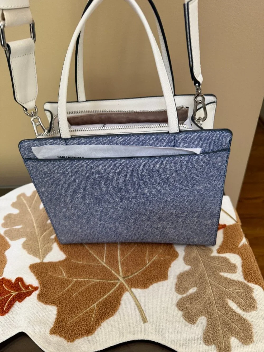 Karl Lagerfeld Paris Maybelle Satchel Bag Strap Double Top Handle Denim Blue NWT